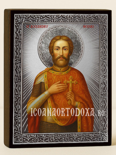Icoană din argint cu Sfântul Alexandru Nevski și raze decorative