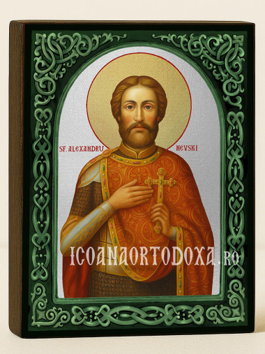 Icoană cu Sfântul Alexandru Nevski cu arcadă florală verde și fundal argintiu