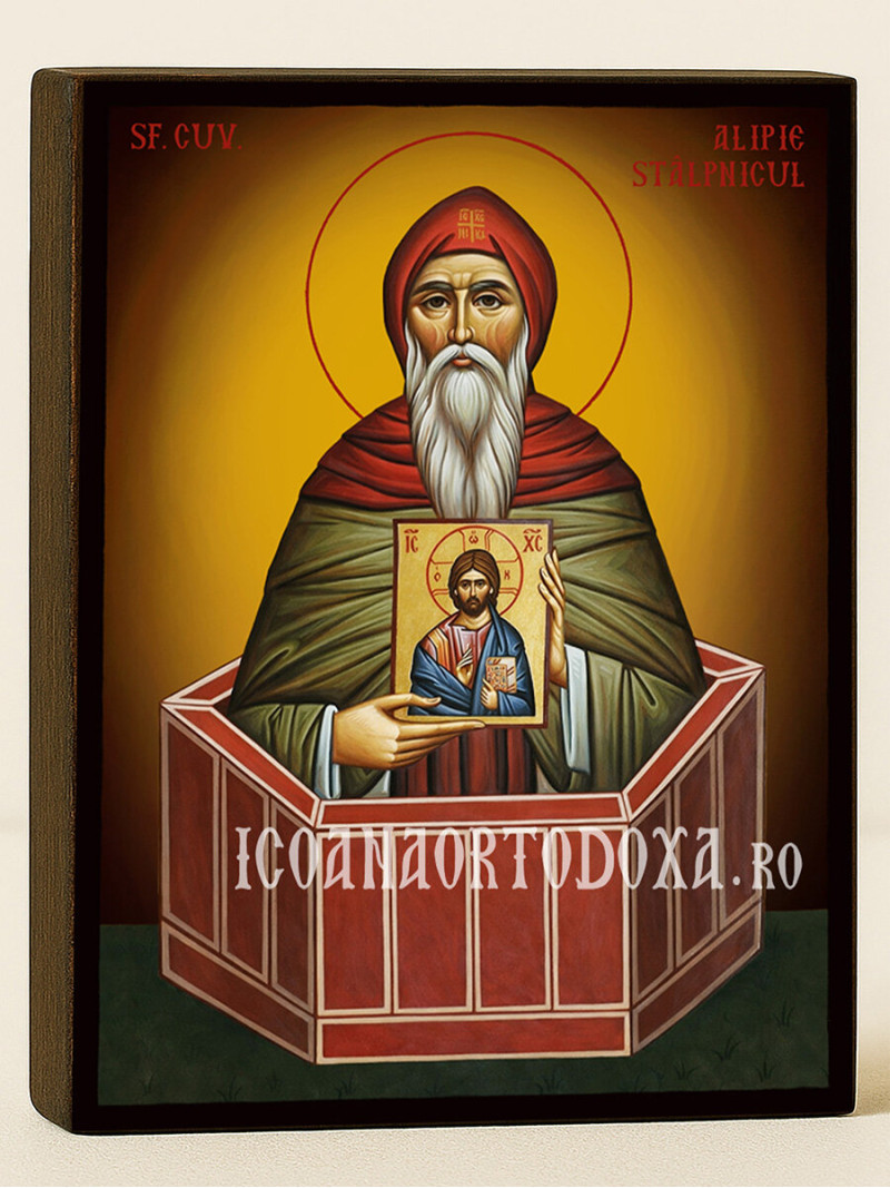 Icoană cu Sfântul Alipie Stâlpnicul cu fundal galben luminos