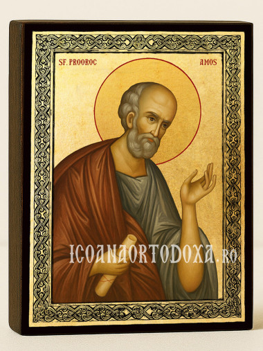 Icoană aurită cu Sfântul Amos și ramă decorativă