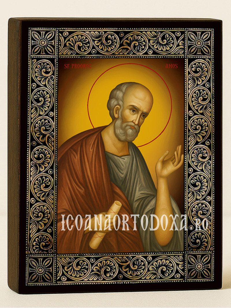 Icoană cu Sfântul Amos și ramă florală decorativă