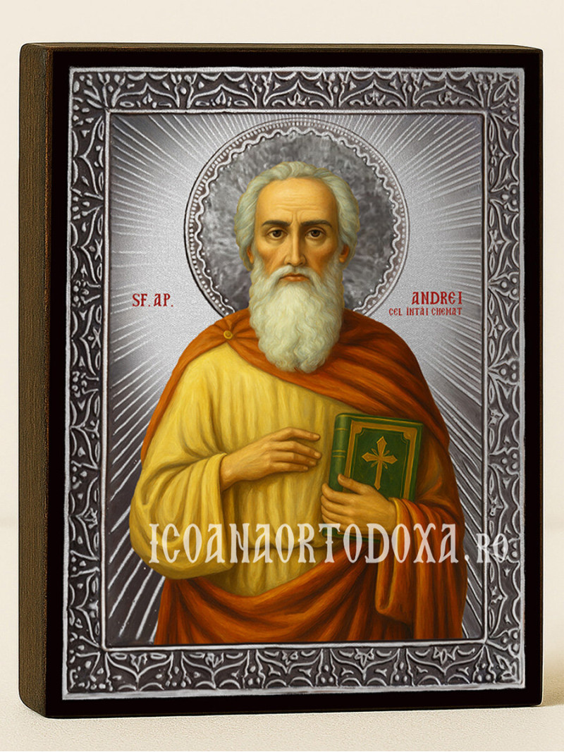 Icoană din argint cu Sfântul Andrei cel Întâi Chemat și raze decorative