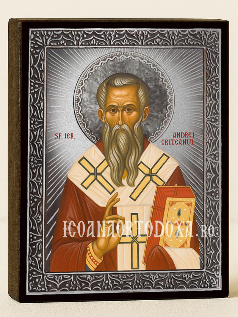 Icoană cu Sfântul Andrei Cretanul cu raze argintii decorative