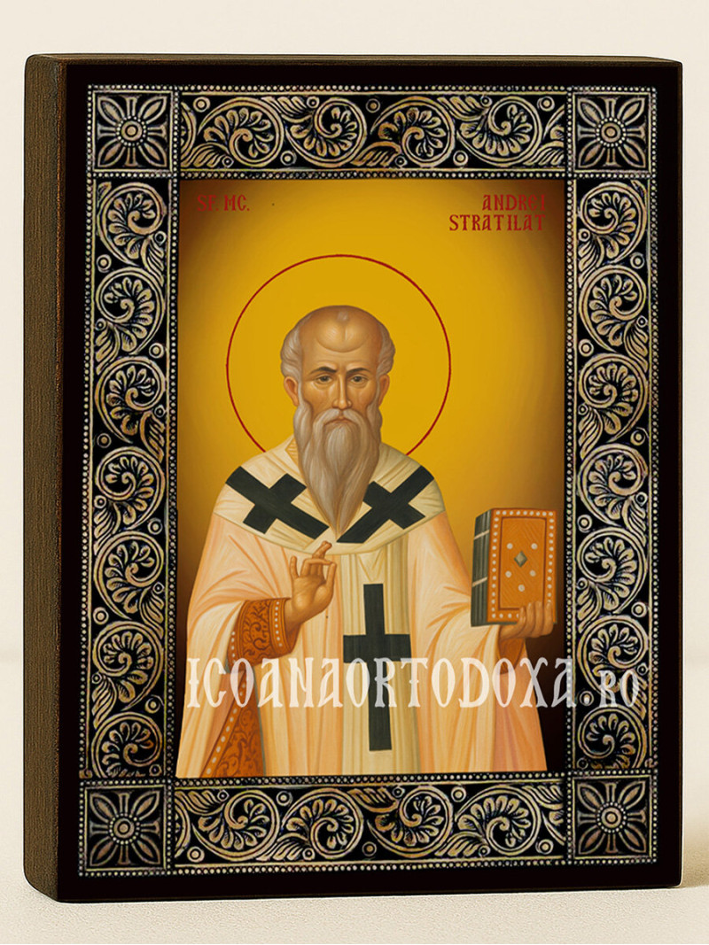 Icoană cu Sfântul Andrei Stratilat cu ramă florală decorativă