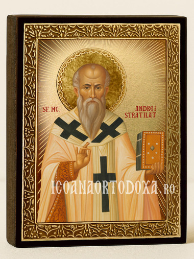 Icoană cu Sfântul Andrei Stratilat cu raze aurii decorative