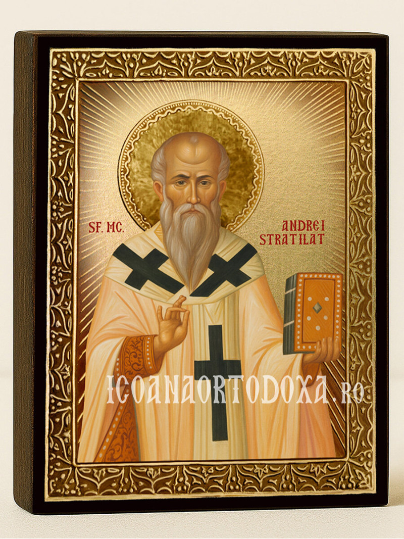 Icoană cu Sfântul Andrei Stratilat cu raze aurii decorative