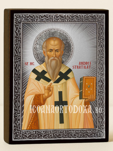 Icoană cu Sfântul Andrei Stratilat cu raze argintii decorative