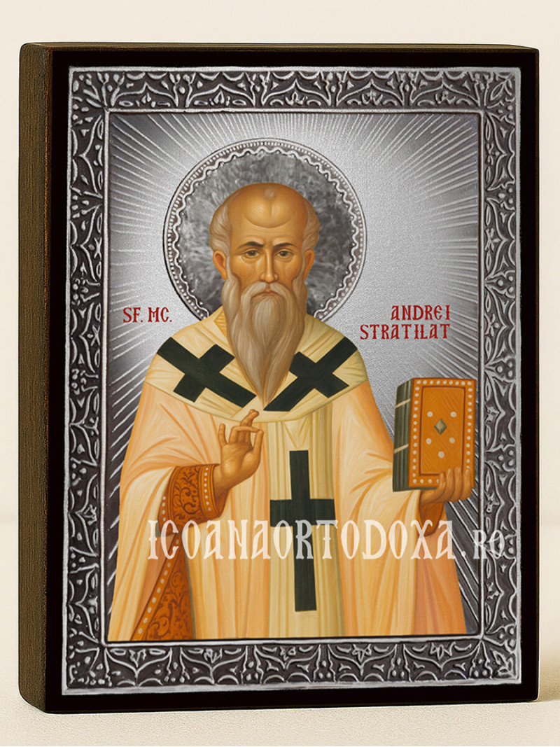Icoană cu Sfântul Andrei Stratilat cu raze argintii decorative