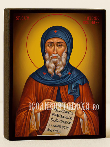 Icoană cu Sfântul Antonie cel Mare cu fundal galben luminos