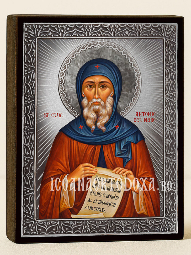 Icoană cu Sfântul Antonie cel Mare cu raze argintii decorative