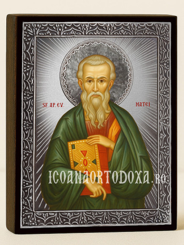 Icoană din argint cu Sfântul Apostol Matei și raze decorative