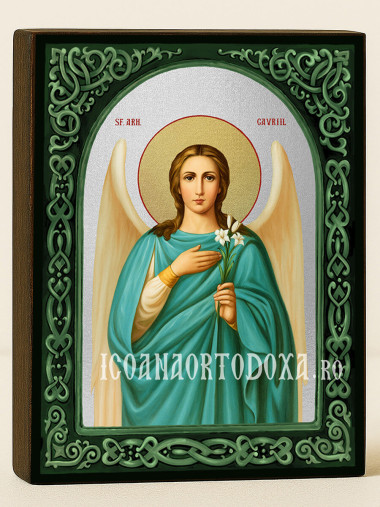 Icoană cu Sfântul Arhanghel Gavriil cu arcadă florală verde