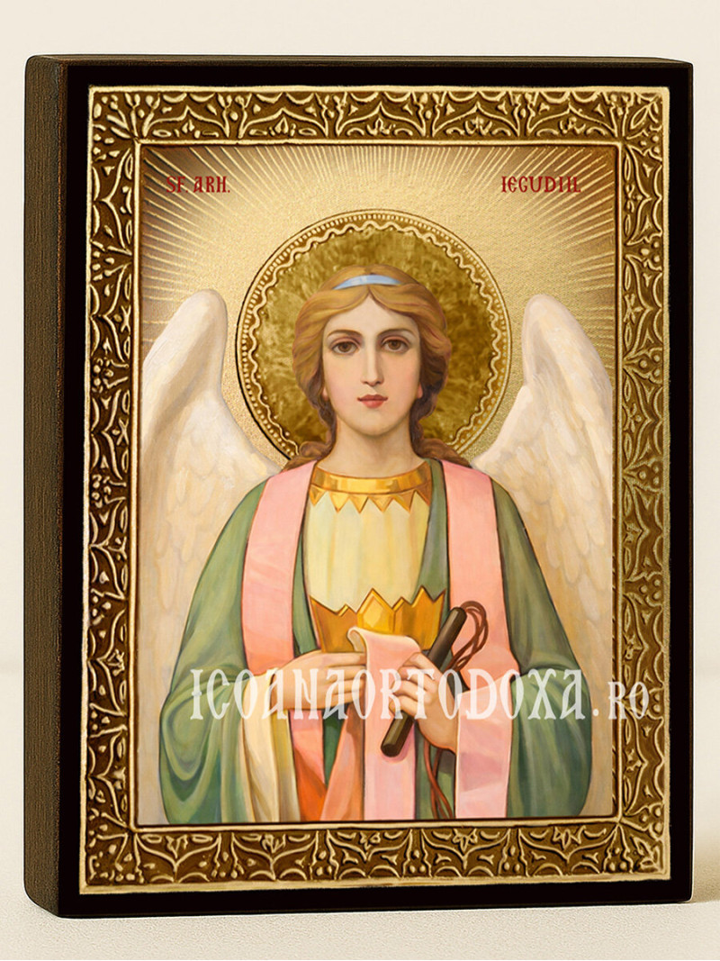 Icoană cu Sfântul Arhanghel Iegudiil cu raze aurii decorative