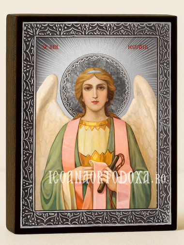 Icoană cu Sfântul Arhanghel Iegudiil cu raze argintii decorative