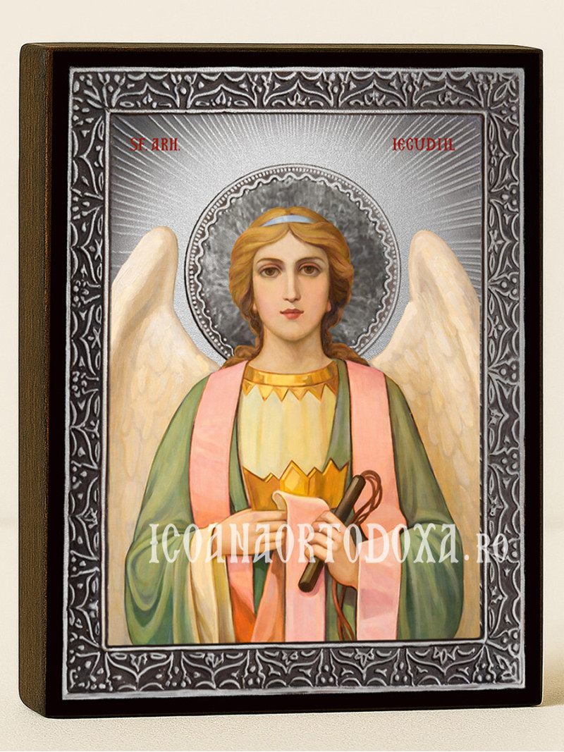 Icoană cu Sfântul Arhanghel Iegudiil cu raze argintii decorative