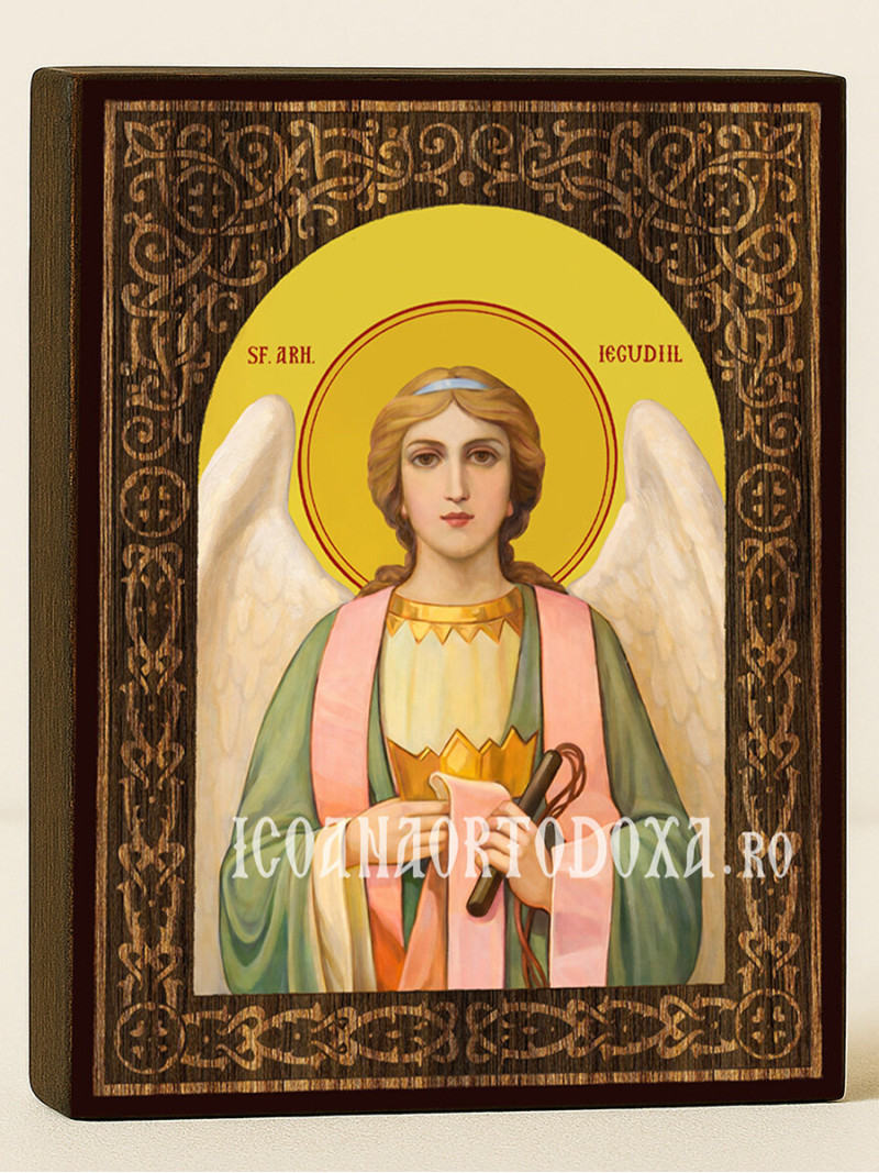Icoană cu Sfântul Arhanghel Iegudiil cu arcadă decorativă din lemn