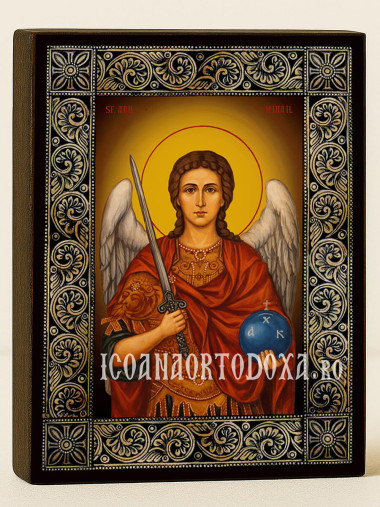 Icoană cu Sfântul Arhanghel Mihail cu ramă florală decorativă