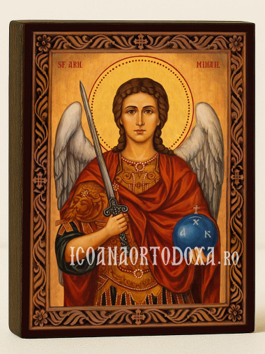 Icoană ortodoxă cu Sfântul Arhanghel Mihail cu ramă decorativă stil sculptat