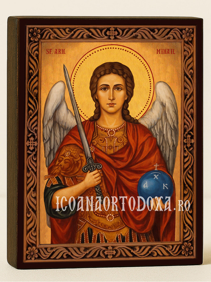 Icoană ortodoxă cu Sfântul Arhanghel Mihail cu ramă decorativă stil sculptat