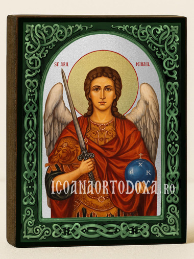 Icoană cu Sfântul Arhanghel Mihail cu arcadă florală verde și fundal argintiu