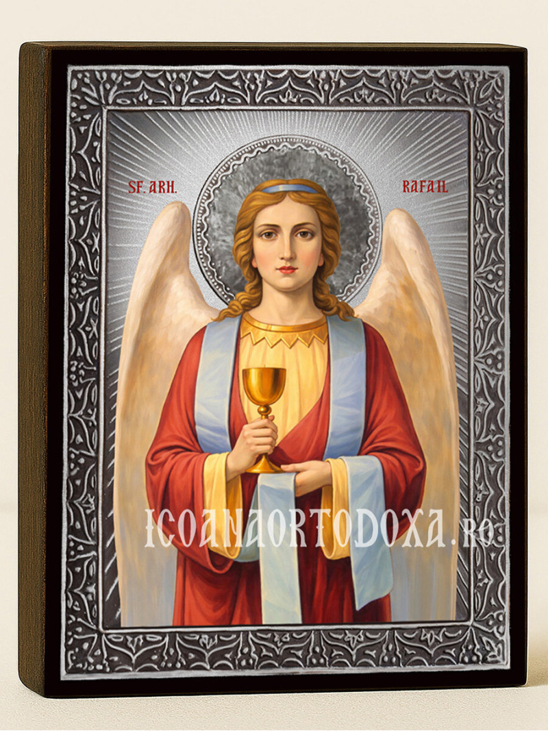 Icoană cu Sfântul Arhanghel Rafail cu raze argintii decorative