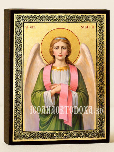 Icoană aurită cu Sfântul Arhanghel Salatiil și ramă decorativă