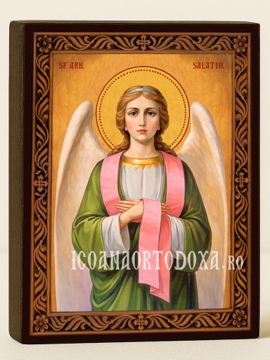 Icoană cu Sfântul Arhanghel Salatiil cu ramă decorativă sculpturală