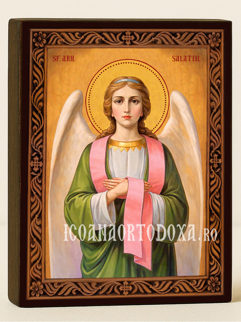 Icoană cu Sfântul Arhanghel Salatiil cu ramă decorativă sculpturală