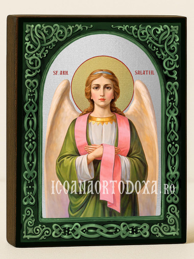 Icoană cu Sfântul Arhanghel Salatiil cu arcadă florală verde