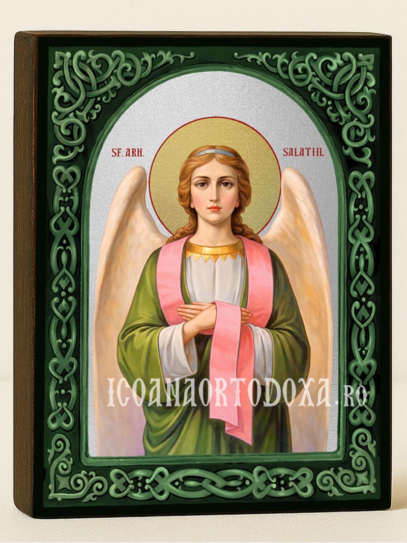 Icoană cu Sfântul Arhanghel Salatiil cu arcadă florală verde