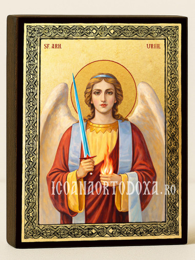 Icoană aurită cu Sfântul Arhanghel Uriil și ramă decorativă