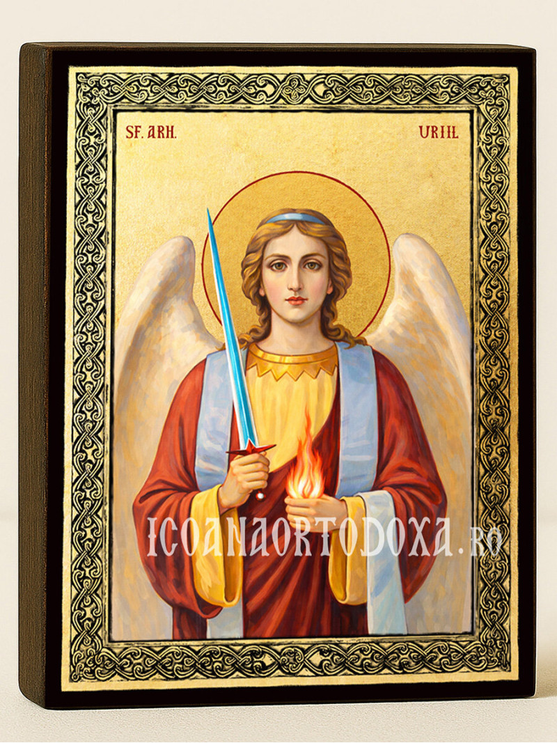 Icoană aurită cu Sfântul Arhanghel Uriil și ramă decorativă