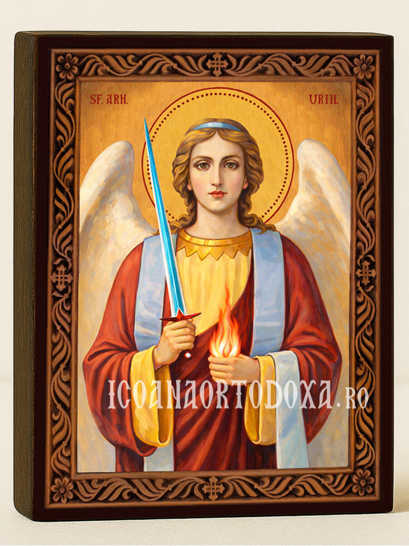 Icoană cu Sfântul Arhanghel Uriil cu ramă decorativă sculpturală
