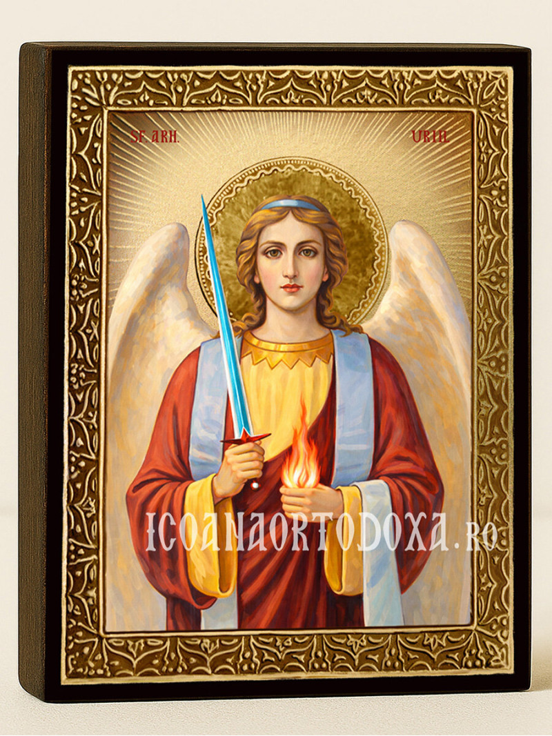 Icoană cu Sfântul Arhanghel Uriil cu raze aurii decorative