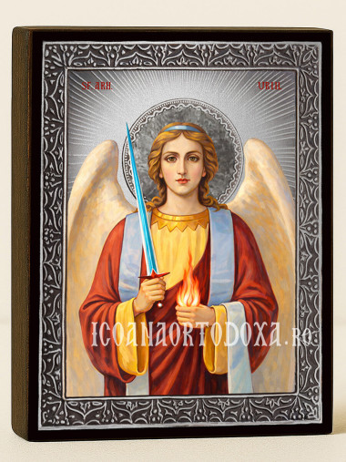 Icoană cu Sfântul Arhanghel Uriil cu raze argintii decorative