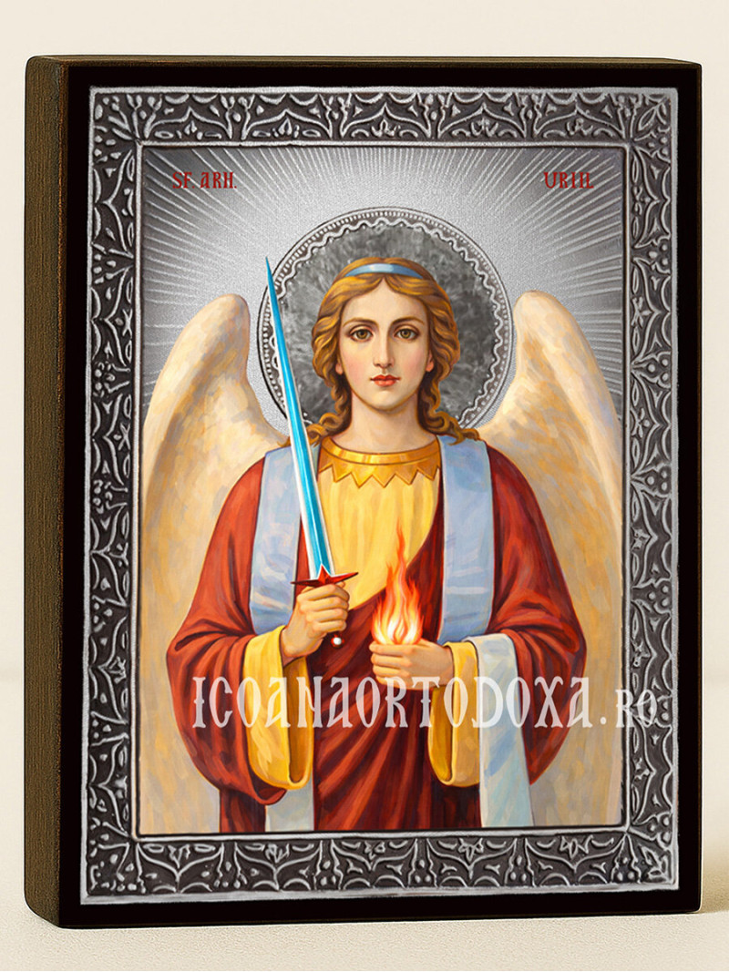 Icoană cu Sfântul Arhanghel Uriil cu raze argintii decorative