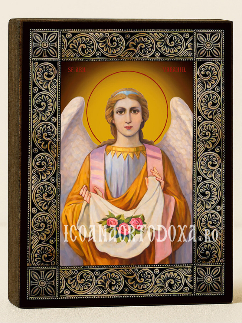 Icoană cu Sfântul Arhanghel Varahiil cu ramă florală decorativă