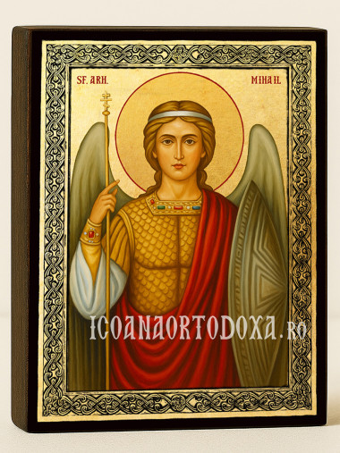Icoană aurită cu Sfântul Arhanghel Mihail și ramă decorativă