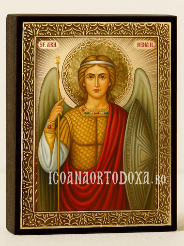 Icoană cu Sfântul Arhanghel Mihail cu raze aurii decorative