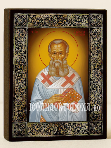 Icoană cu Sfântul Atanasie cel Mare cu ramă florală decorativă