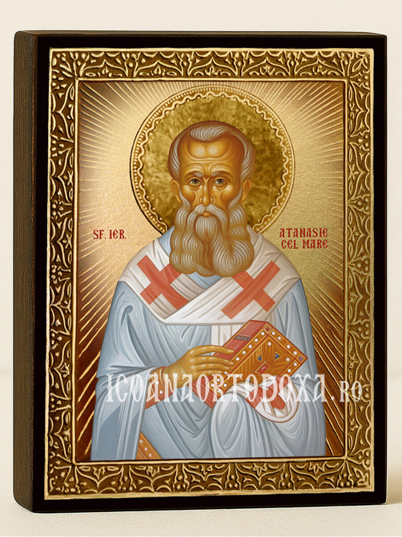 Icoană cu Sfântul Atanasie cel Mare cu raze aurii decorative