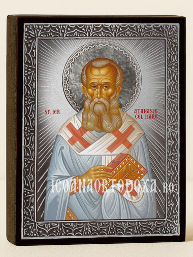 Icoană cu Sfântul Atanasie cel Mare cu raze argintii decorative