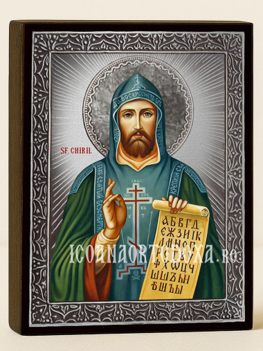 Icoană cu Sfântul Chiril cu raze argintii decorative