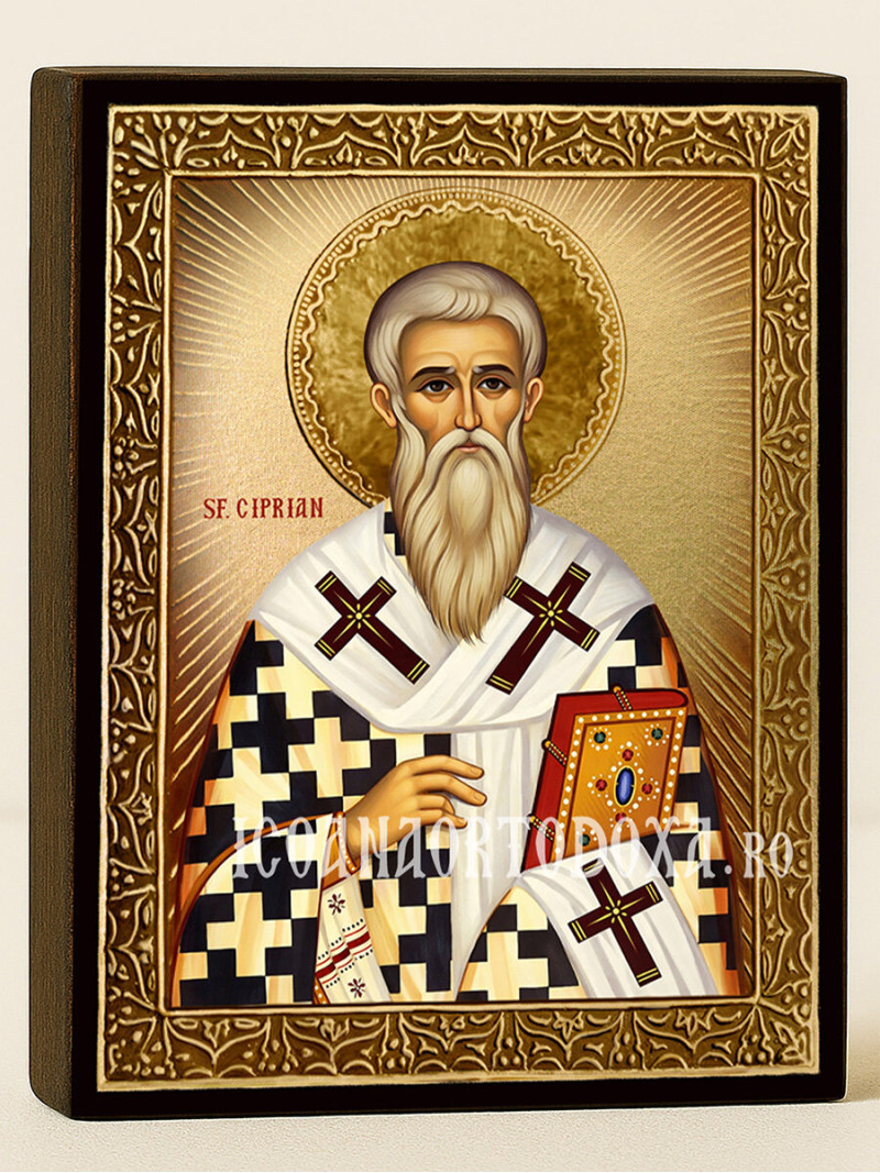 Icoană cu Sfântul Ciprian cu raze aurii decorative