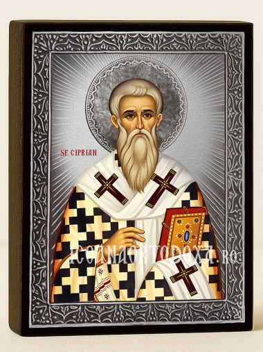 Icoană cu Sfântul Ciprian cu raze argintii decorative