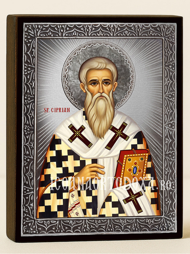 Icoană cu Sfântul Ciprian cu raze argintii decorative