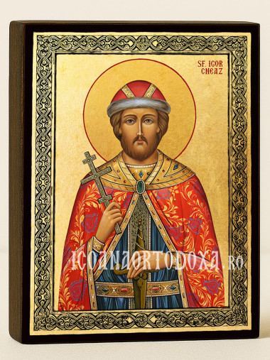 Icoană aurită cu Sfântul Cneaz Igor și ramă decorativă