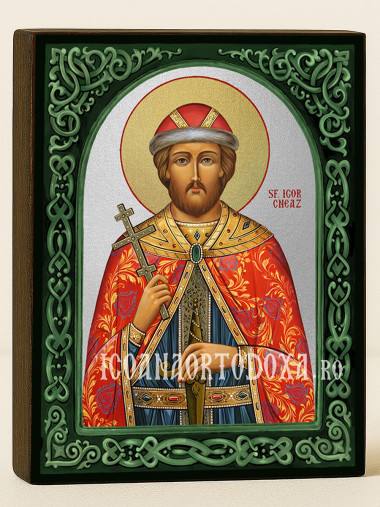 Icoană cu Sfântul Cneaz Igor cu arc floral verde și fundal argintiu