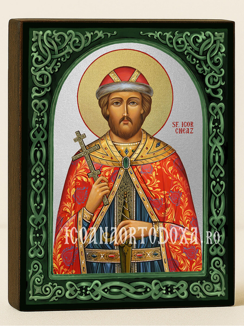 Icoană cu Sfântul Cneaz Igor cu arc floral verde și fundal argintiu