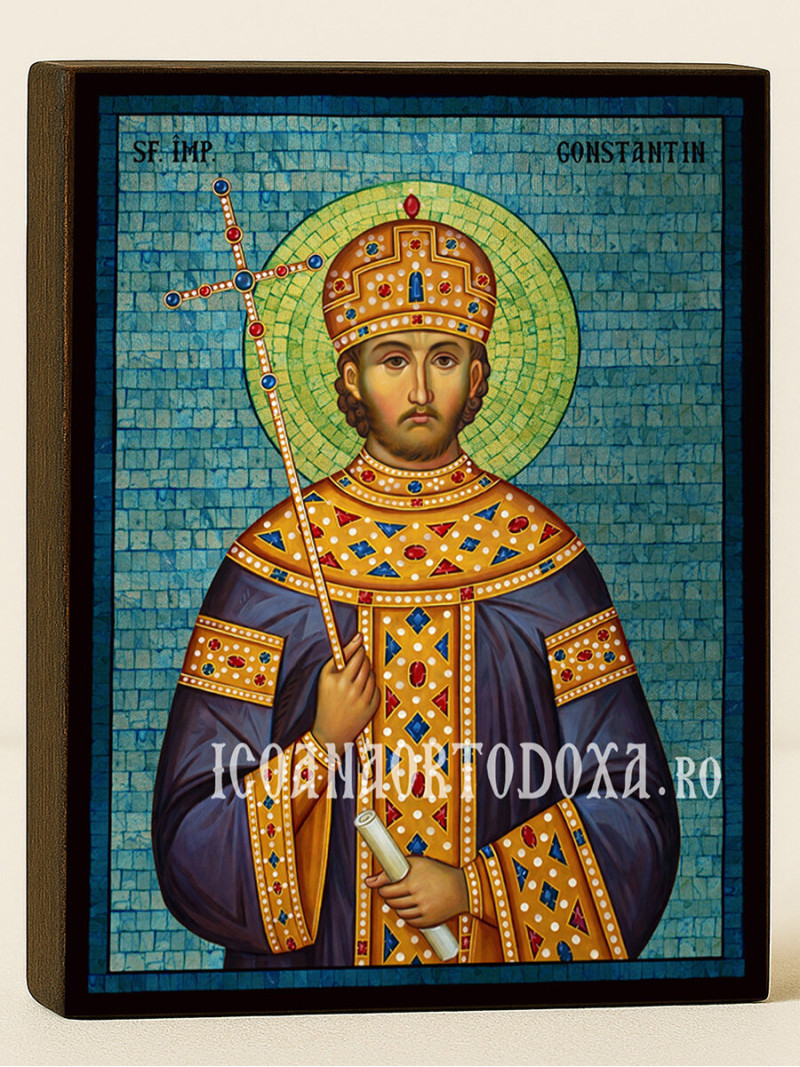 Icoană cu Sfântul Constantin cu mozaic albastru argintiu